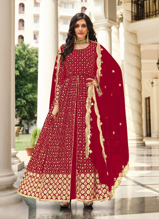 Red Georgette Embroidered Pant Kameez
