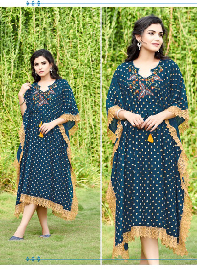 Navy Blue Heavy Rayon Kaftan Style Readymade Kurti