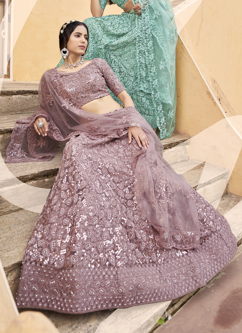 Old Rose Net Embroidered Designer Lehenga Choli