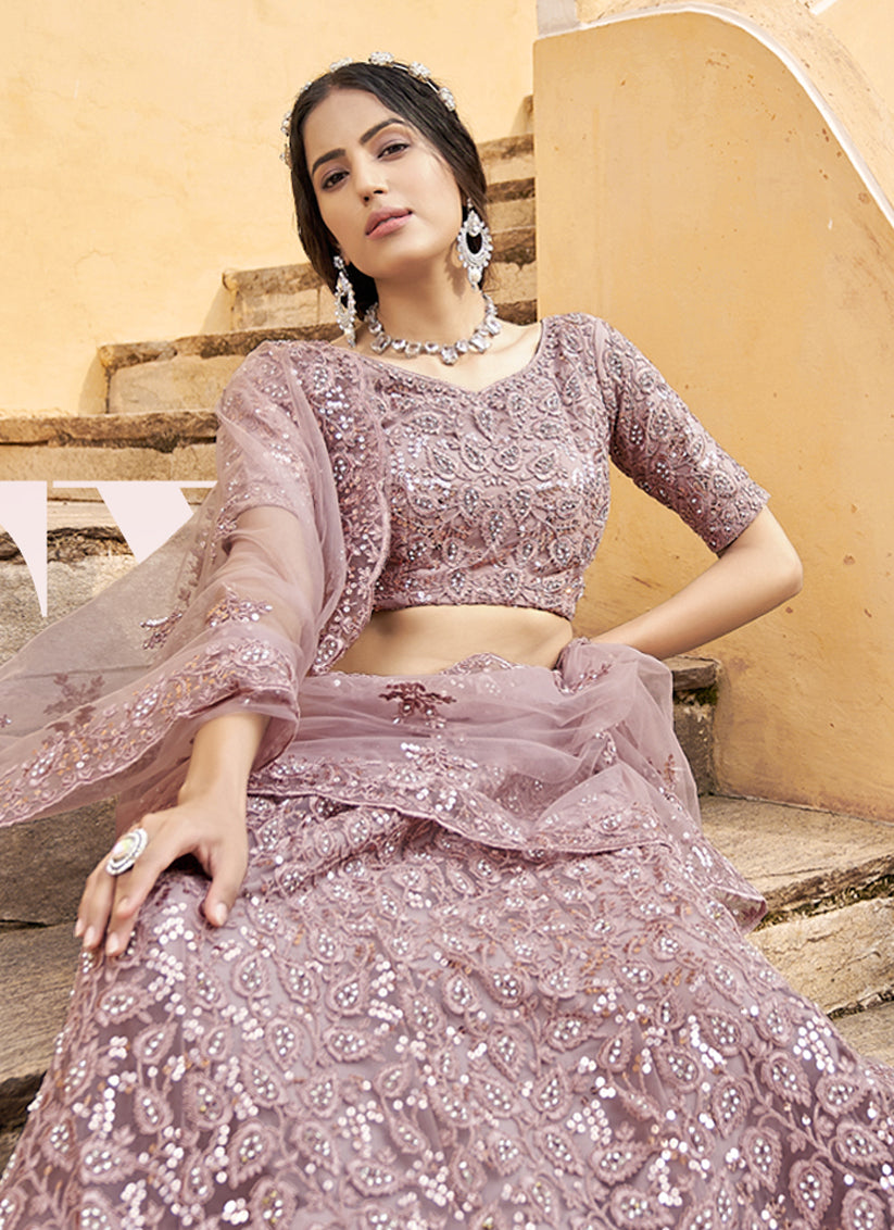 Old Rose Net Embroidered Designer Lehenga Choli