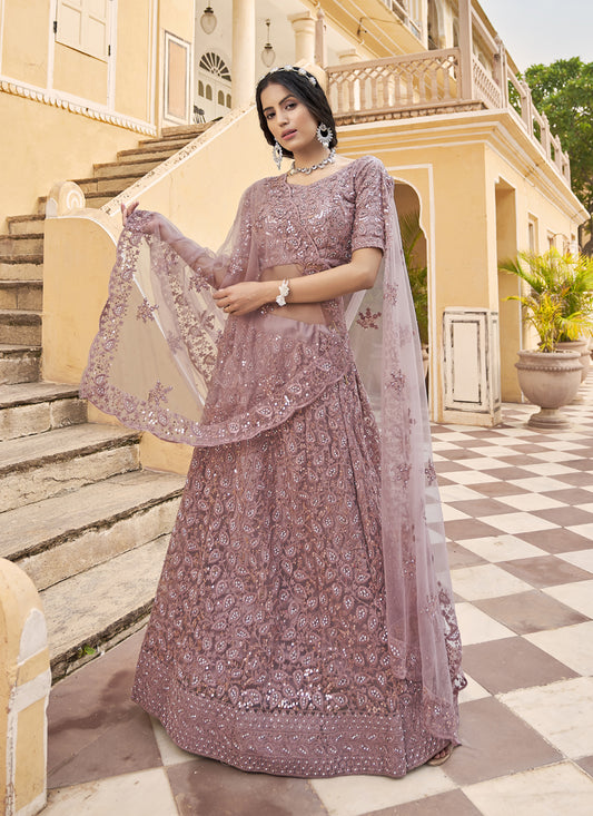 Old Rose Net Embroidered Designer Lehenga Choli