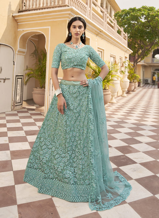 Sea Green Net Embroidered Designer Lehenga Choli