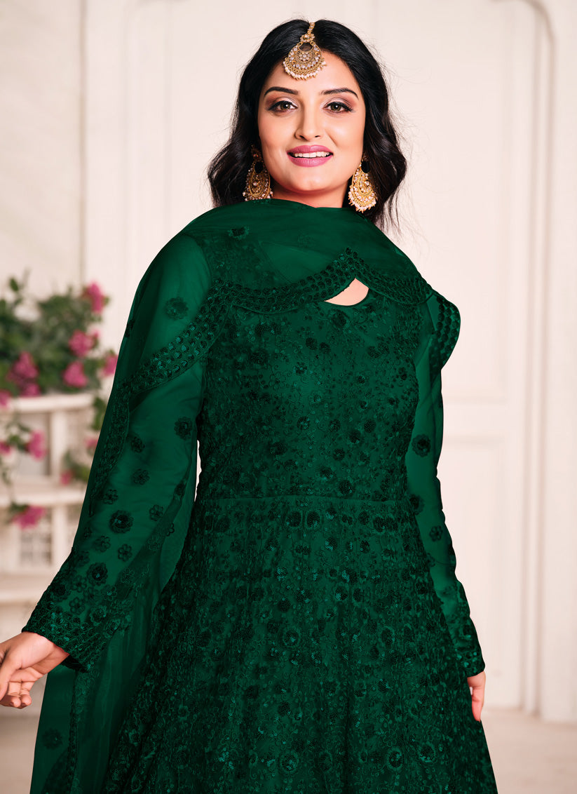 Bottle Green Net Sequined Designer Anarkali Suit