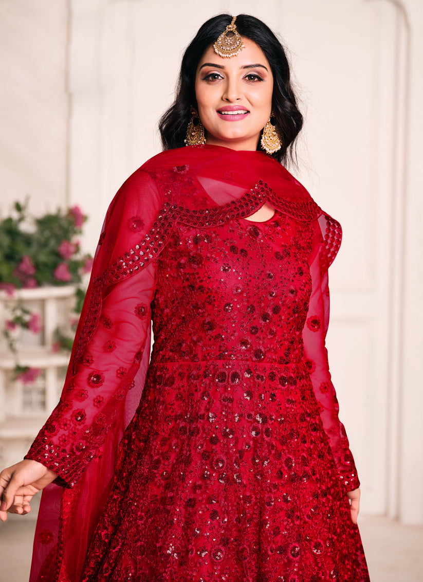 Cherry Red Net Sequined Designer Anarkali Suit