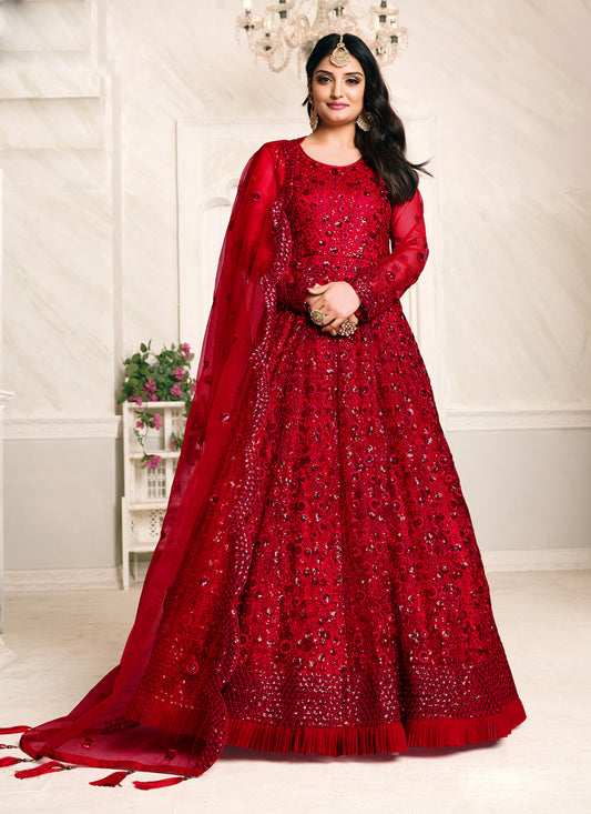Cherry Red Net Sequined Designer Anarkali Suit