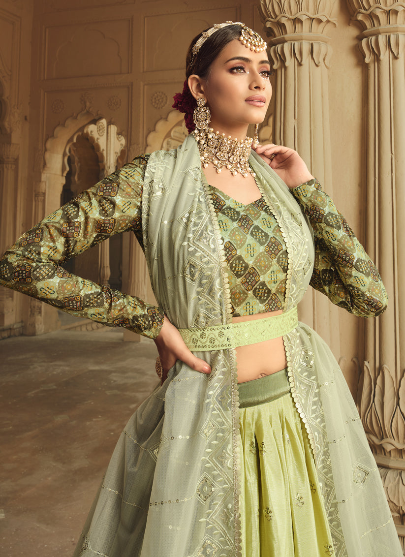 Moss Green and Pistachio Green Silk Embroidered Lehenga Choli