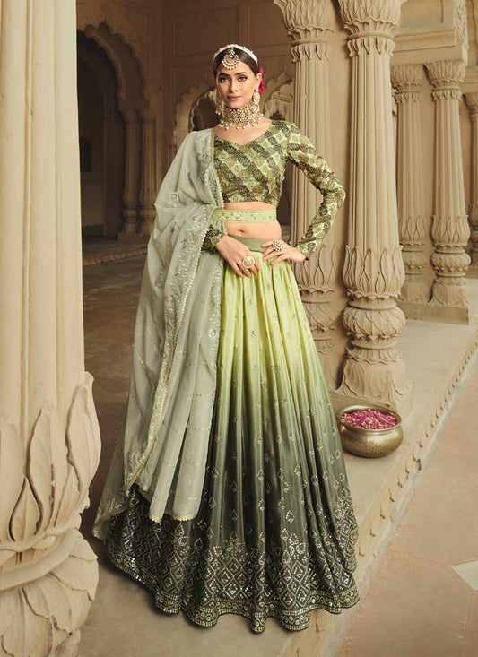 Moss Green and Pistachio Green Silk Embroidered Lehenga Choli