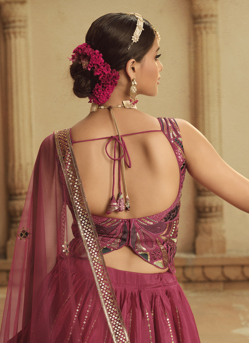 Raspberry Pink and Burgundy Silk Embroidered Lehenga Choli