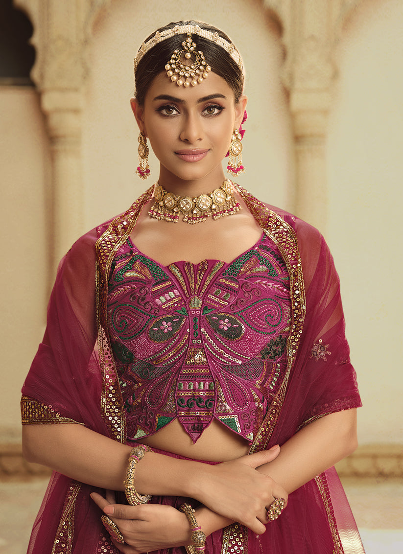 Raspberry Pink and Burgundy Silk Embroidered Lehenga Choli