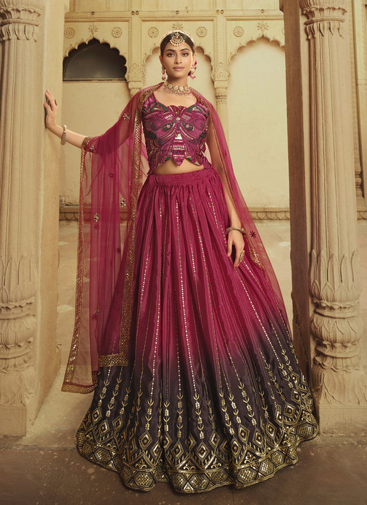 Raspberry Pink and Burgundy Silk Embroidered Lehenga Choli