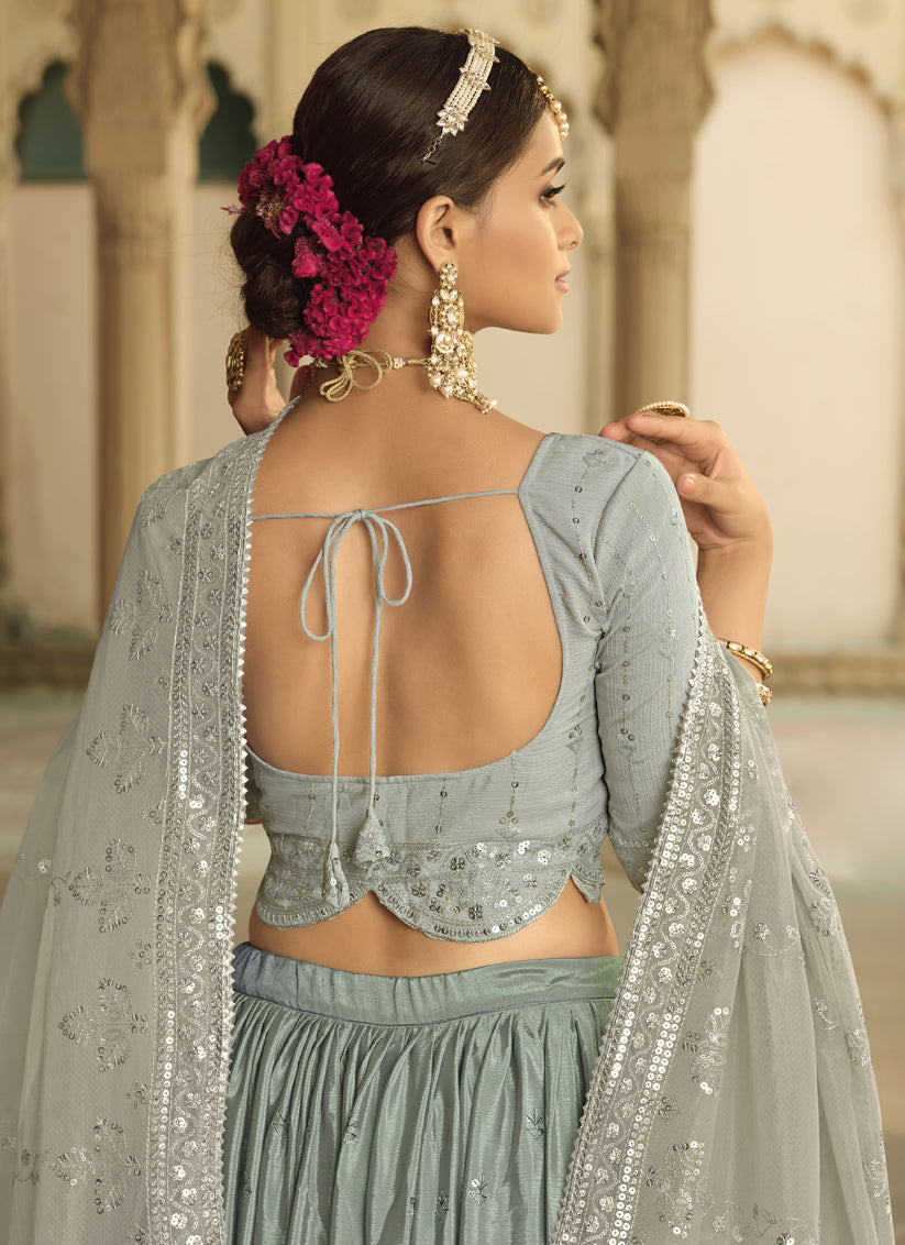 Peacock Blue and Grey Silk Embroidered Ready To Wear Lehenga Choli