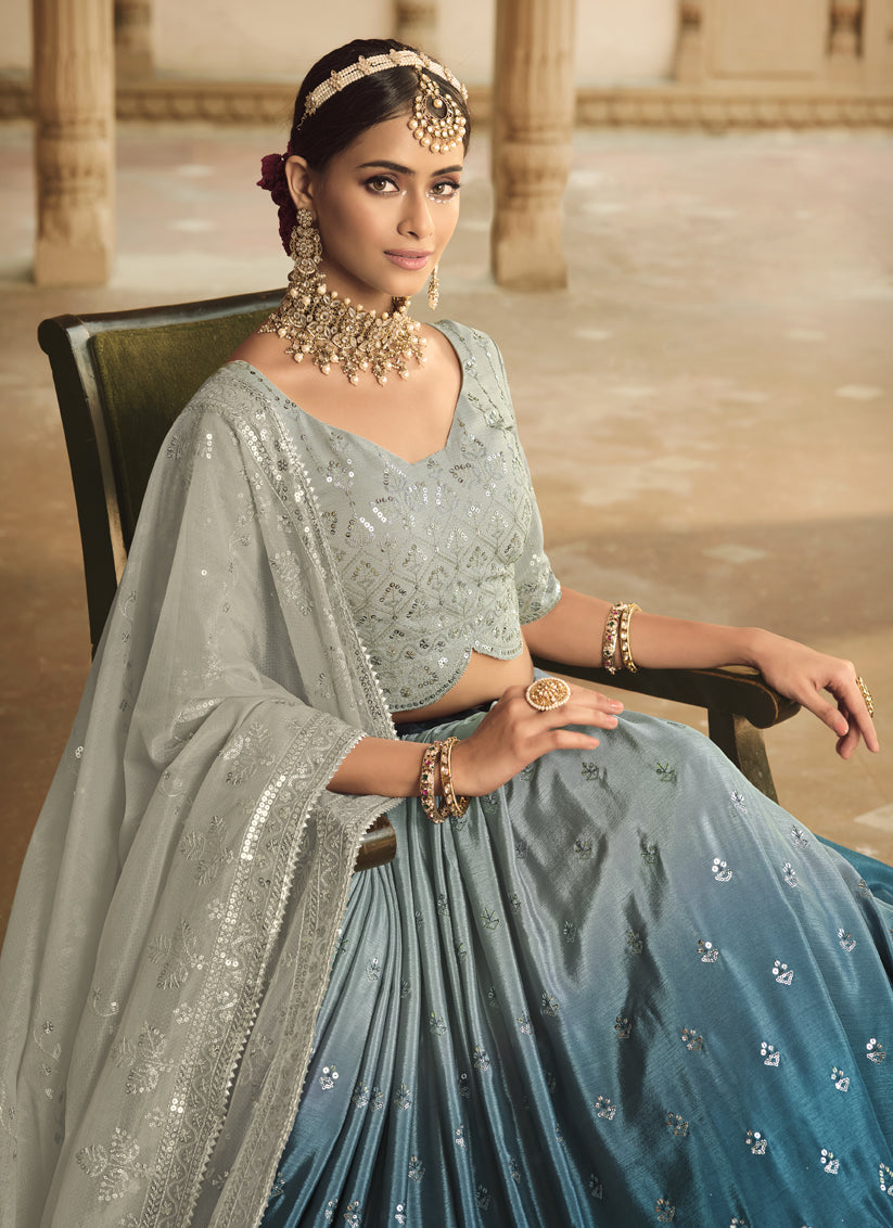 Peacock Blue and Grey Silk Embroidered Ready To Wear Lehenga Choli