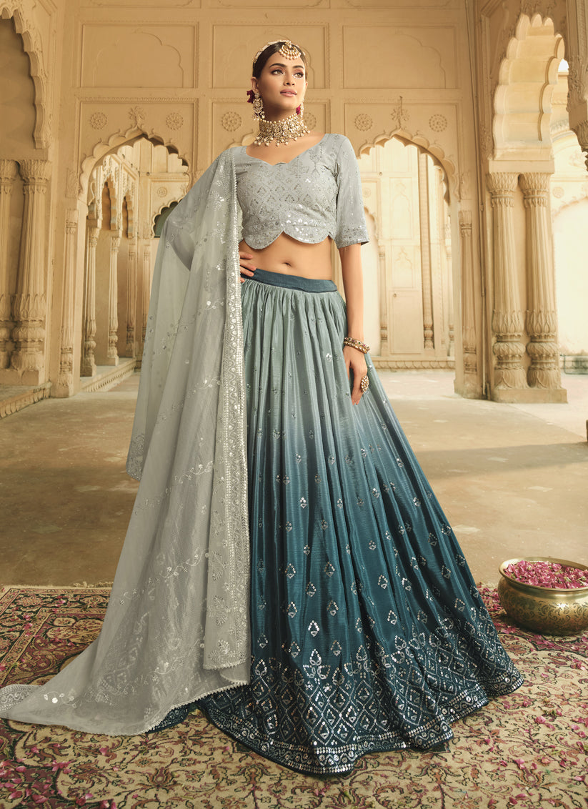 Peacock Blue and Grey Silk Embroidered Ready To Wear Lehenga Choli