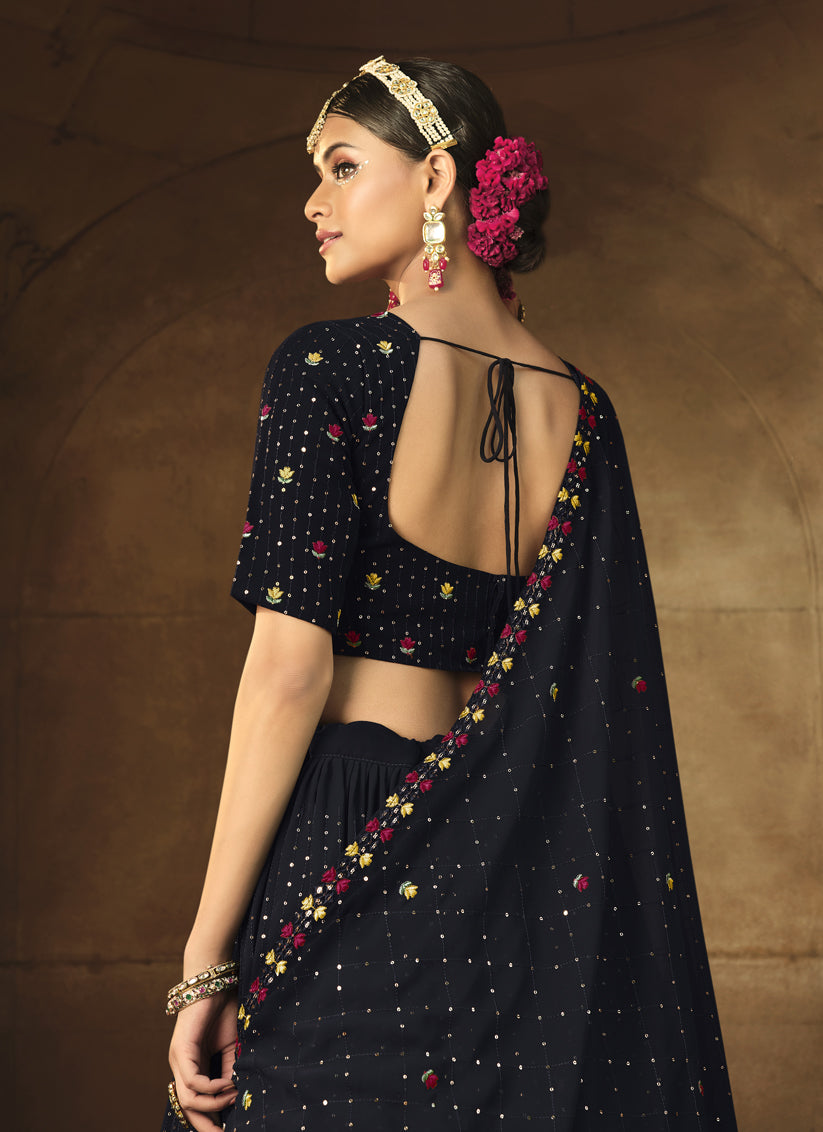 Midnight Blue Georgette Embroidered Designer Lehenga Choli