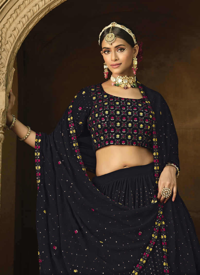 Midnight Blue Georgette Embroidered Designer Lehenga Choli