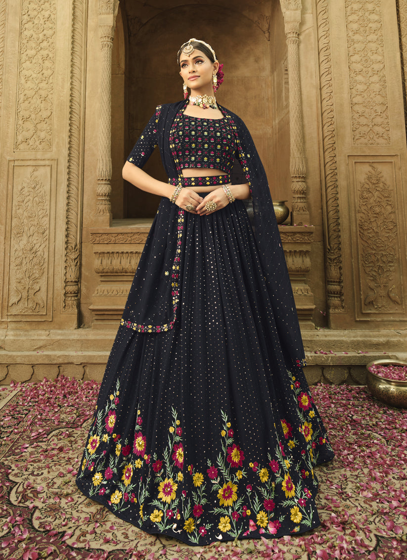 Midnight Blue Georgette Embroidered Designer Lehenga Choli