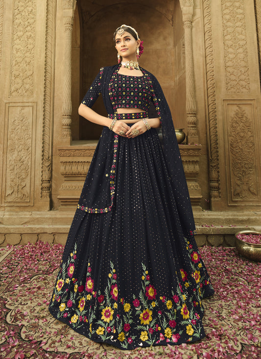 Midnight Blue Georgette Embroidered Designer Lehenga Choli