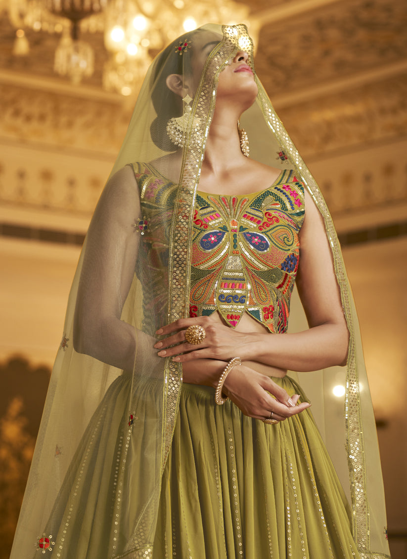 Khaki Green Georgette Embroidered Lehenga Choli