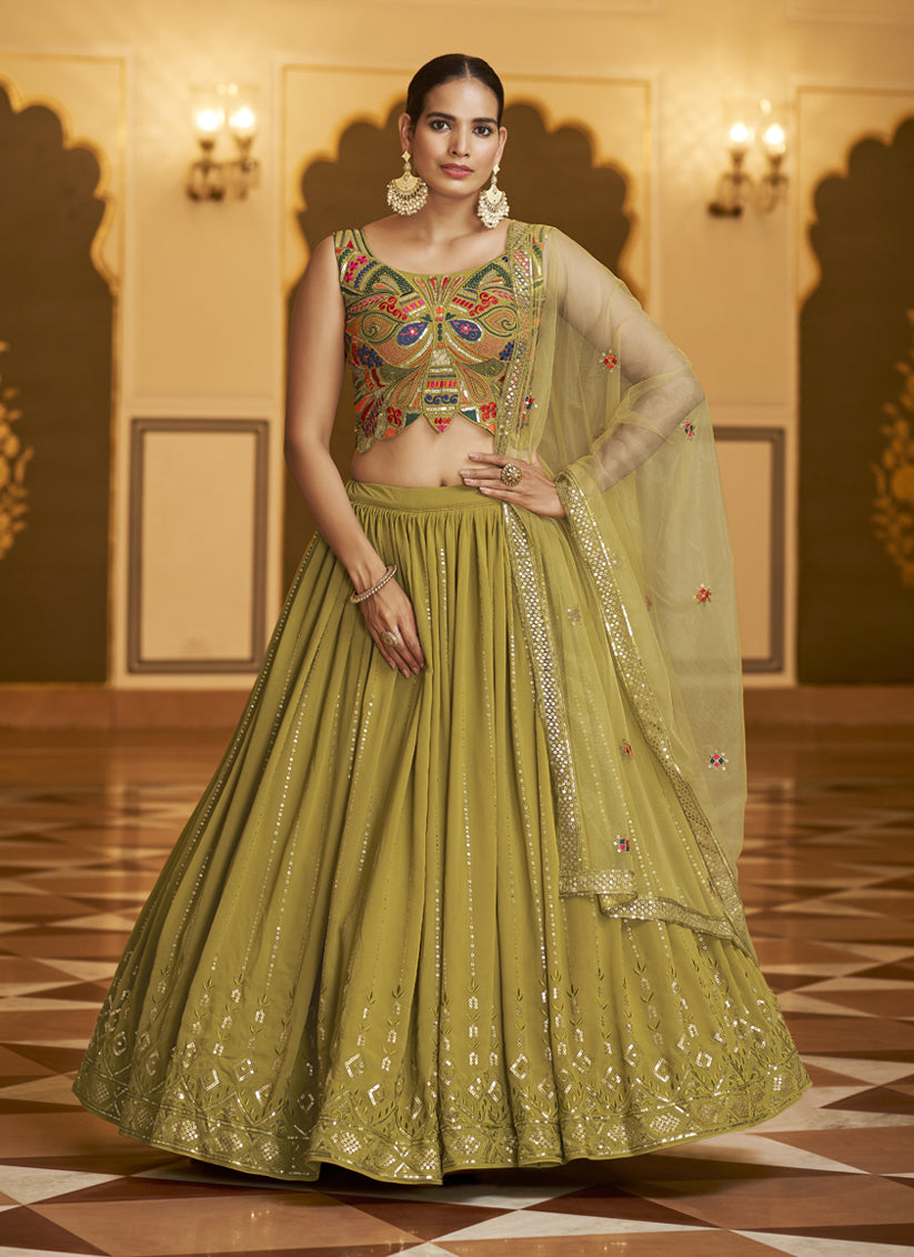 Khaki Green Georgette Embroidered Lehenga Choli