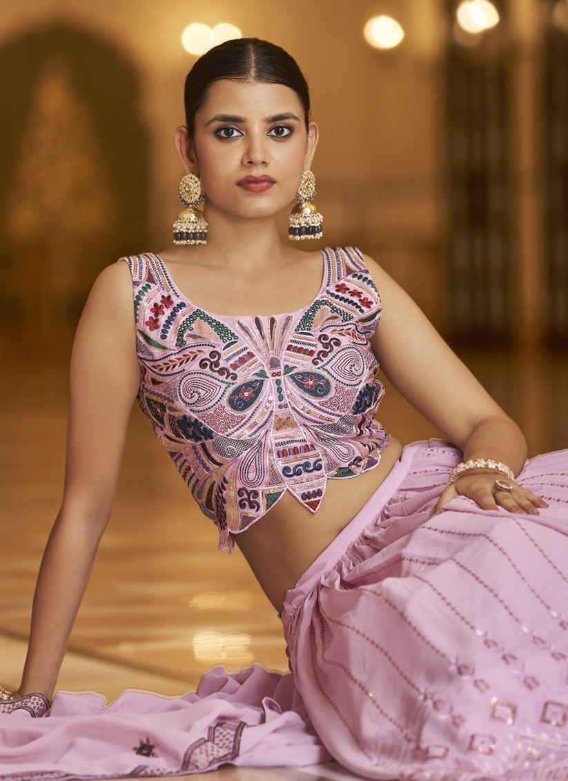 Carnation Pink Georgette Embroidered Lehenga Choli