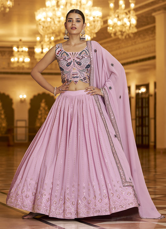 Carnation Pink Georgette Embroidered Lehenga Choli