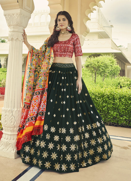 Pine Green Georgette Embroidered Lehenga Choli