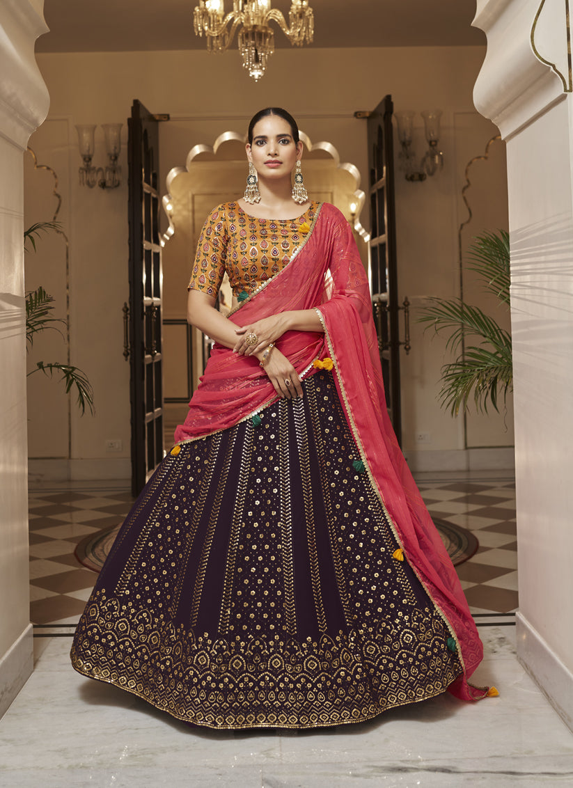 Burgundy Georgette Embroidered Designer Lehenga Choli