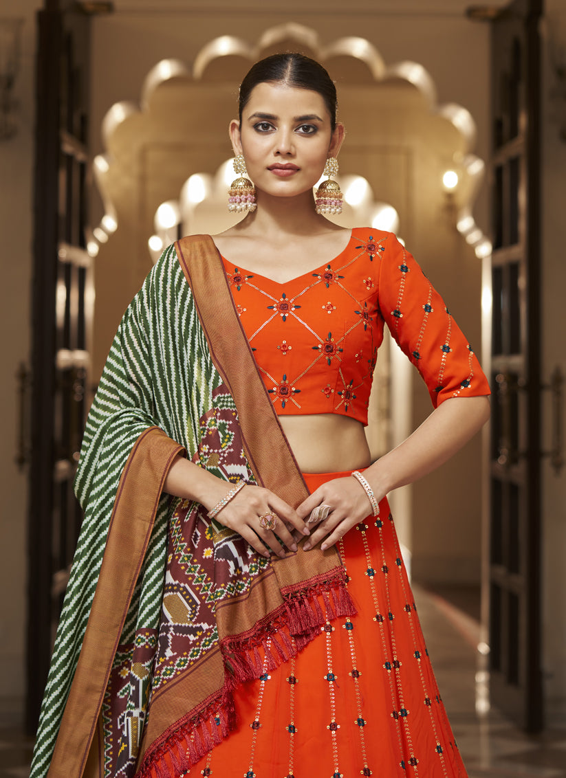 Flame Orange Georgette Embroidered Designer Lehenga Choli