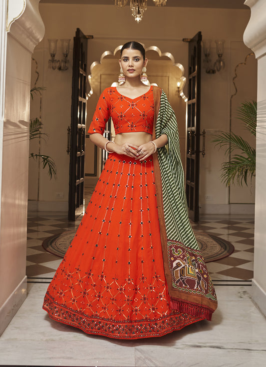 Flame Orange Georgette Embroidered Designer Lehenga Choli