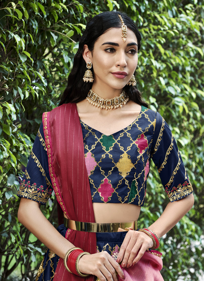 Navy Blue Silk Embroidered Designer Lehenga Choli