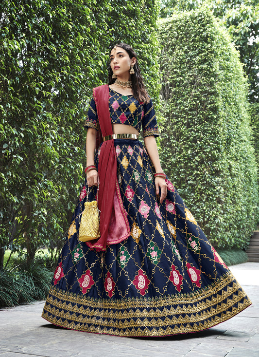 Navy Blue Silk Embroidered Designer Lehenga Choli