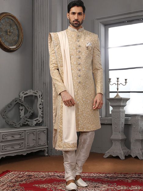 Golden Cream Lucknowi Embroidered Mens Designer Sherwani