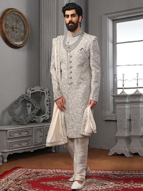 Grey Lucknowi Embroidered Mens Designer Sherwani
