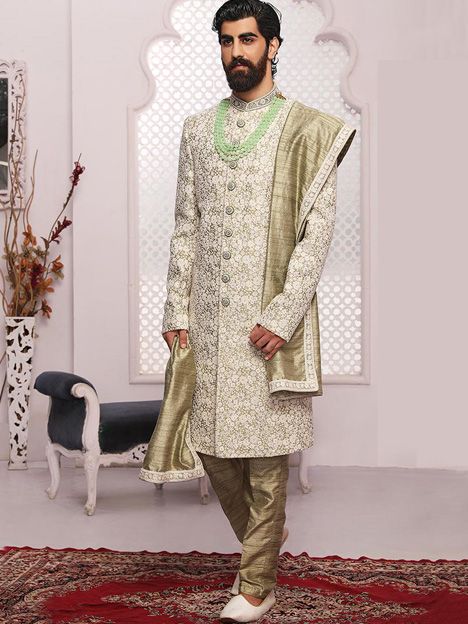 Beige Lucknowi Embroidered Mens Designer Sherwani