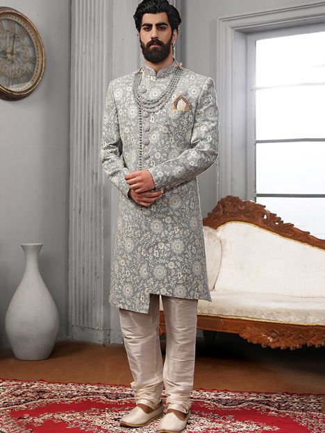 Grey Lucknowi Embroidered Mens Designer Sherwani