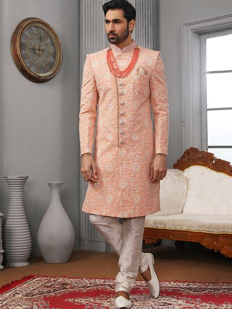 Peach Lucknowi Embroidered Mens Designer Sherwani