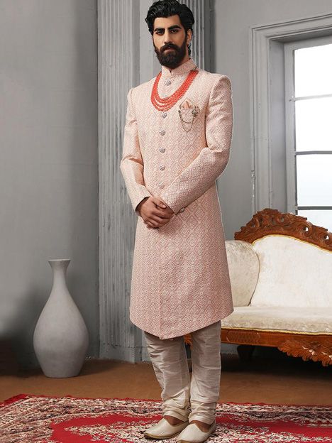 Peach Lucknowi Embroidered Mens Designer Sherwani