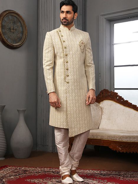 Cream Lucknowi Embroidered Mens Designer Sherwani