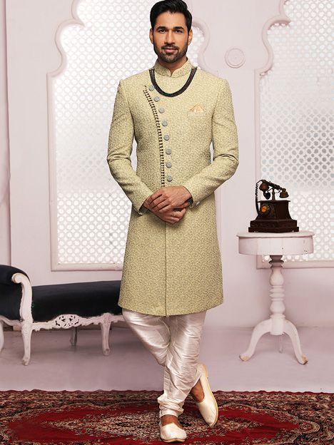 Cream Lucknowi Embroidered Mens Designer Sherwani