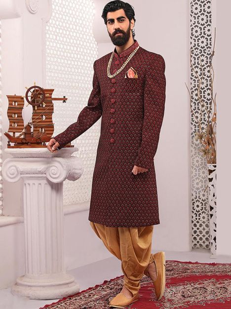 Maroon Velvet Mens Designer Sherwani