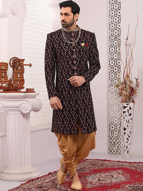 Wine Velvet Mens Designer Sherwani