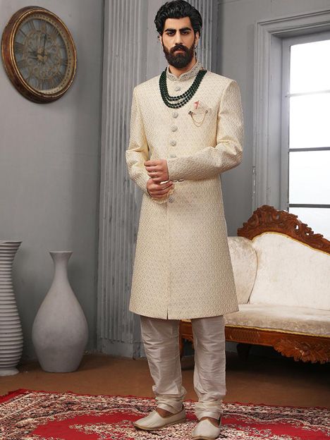 Cream Art Banarasi Silk Mens Designer Sherwani