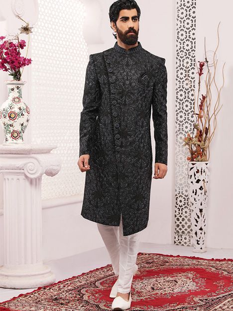 Black Lucknowi Mens Designer Sherwani