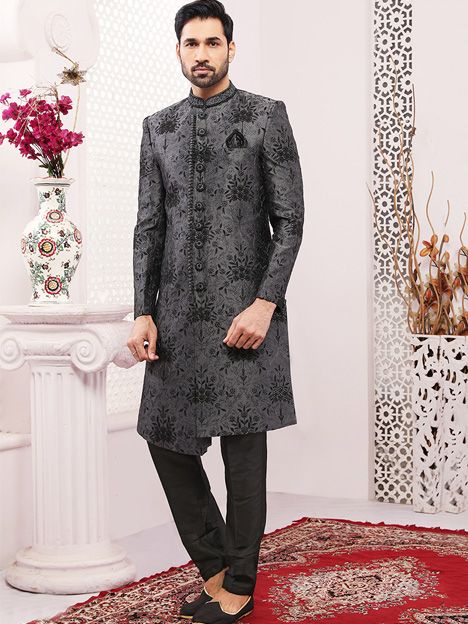 Black Art Banarasi Silk Mens Designer Sherwani