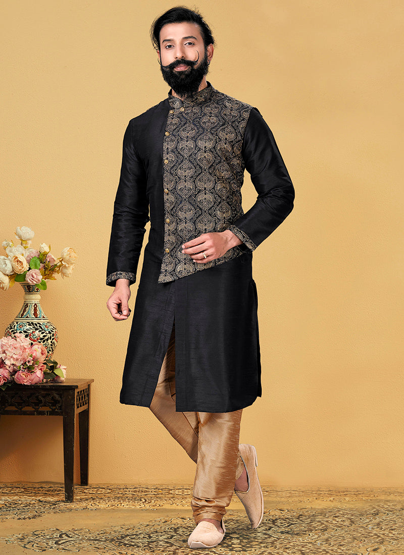 Black Dhupion Silk Embroidered Mens Kurta Set