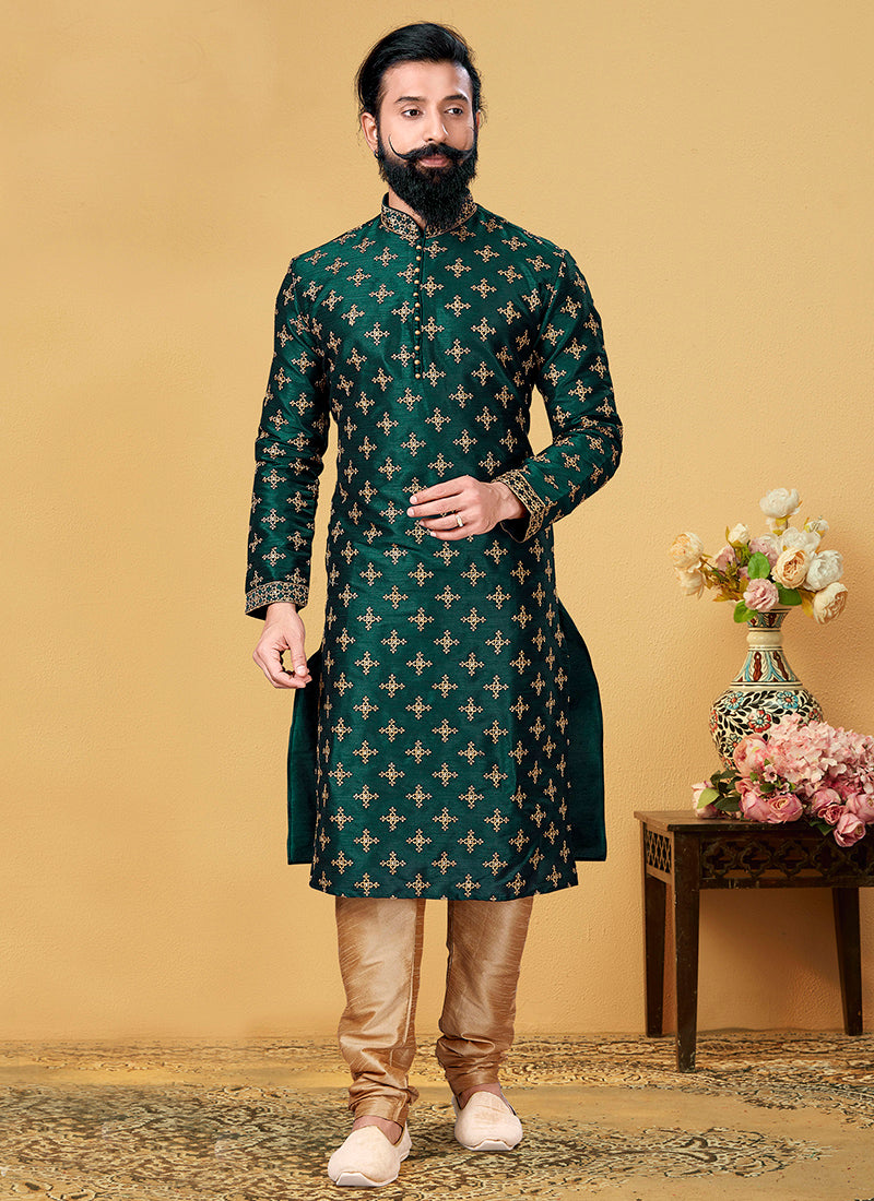 Pine Green Dhupion Silk Embroidered Mens Kurta Set