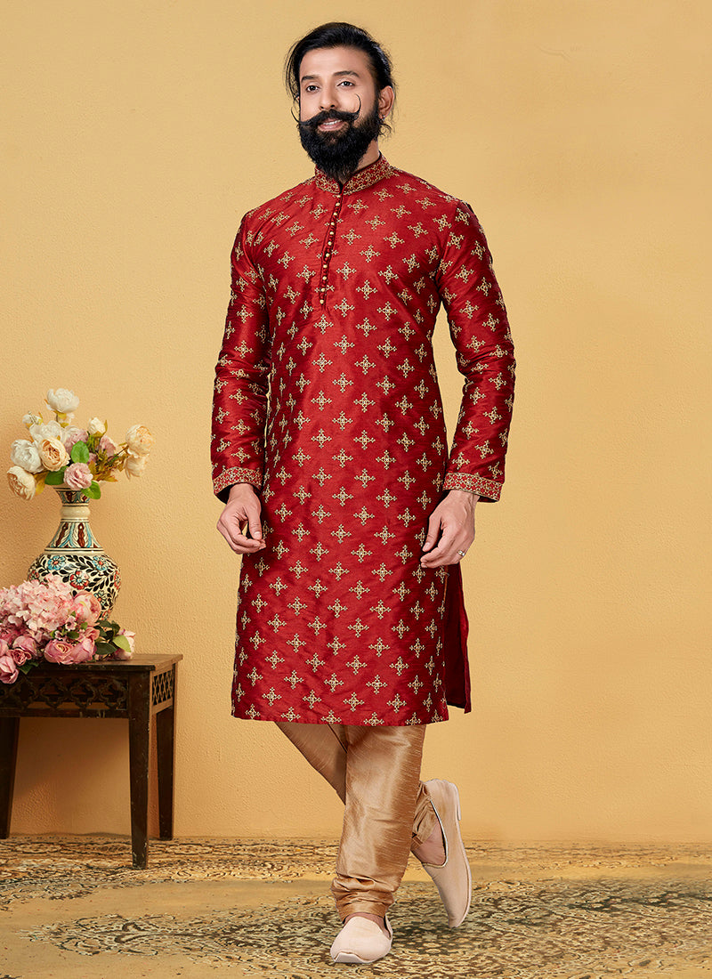 Maroon Dhupion Silk Embroidered Mens Kurta Set