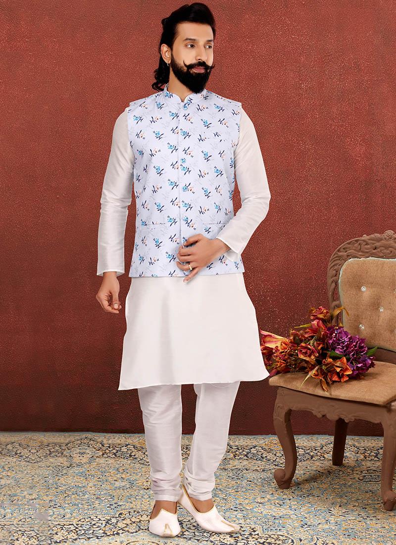 Off White Dhupion Silk Mens Kurta Pyjama with Jacket