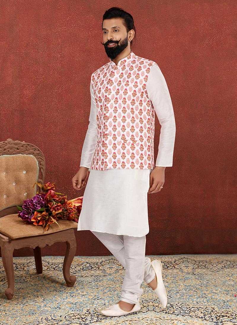 Off White Dhupion Silk Mens Kurta Pyjama with Jacket