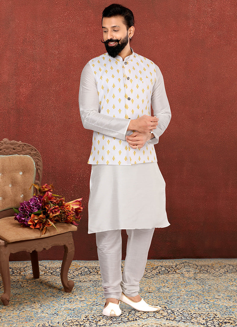 Off White Dhupion Silk Mens Kurta Pyjama with Jacket